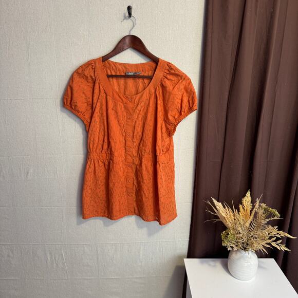 Apt. 9 Size L Orange Cheetah Print Sheer Button Front Short Sleeve Top - Picture 1 of 10